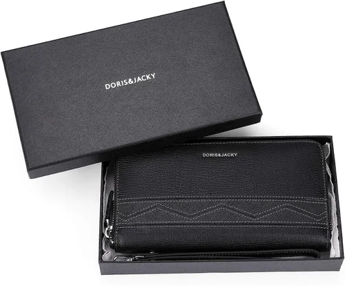 Miniatura 7 de DORISJACKY Cartera de cuero para hombre color negro larga y grande con cremallera alrededor del bolso de mano soporte para teléfono carteras