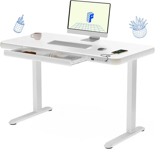FLEXISPOT Comhar - Escritorio de pie eléctrico de cristal puro con cajones, escritorio y puertos de carga USB, escritorio ergonómico de altura
