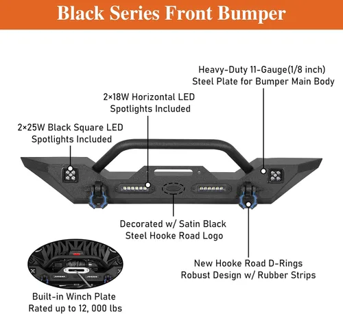 Miniatura 6 de u-Box Parachoques delanteros y traseros para Jeep Wrangler, compatible con Jeep JK Wrangler 07-18 con placa de cabrestante, portador de neumáticos