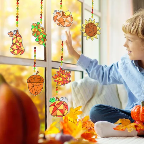 Miniatura 9 de Winlyn 33 juegos de hojas de otoño calabaza bellota girasol atrapasoles adornos decoraciones de pintura de ventana arte atrapasoles kits