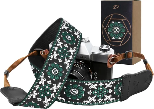 Miniatura 39 de Padwa Lifestyle Correa para cámara de flores marrones, correa de algodón de doble capa de piel de vaca de 2 pulgadas de ancho, bordado jacquard Flor