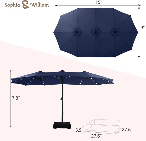 Miniatura 7 de Sophia & William Sombrilla de patio extragrande de 15 pies con luces solares, sombrilla rectangular para exteriores con base incluida, sombrilla