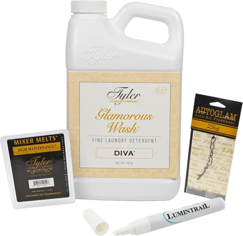 Tyler Candle Detergente Glamorous Wash, paquete Diva de 32 onzas con mezclador de velas Tyler Melts, Ambientador Autoglam y bolígrafo removedor de