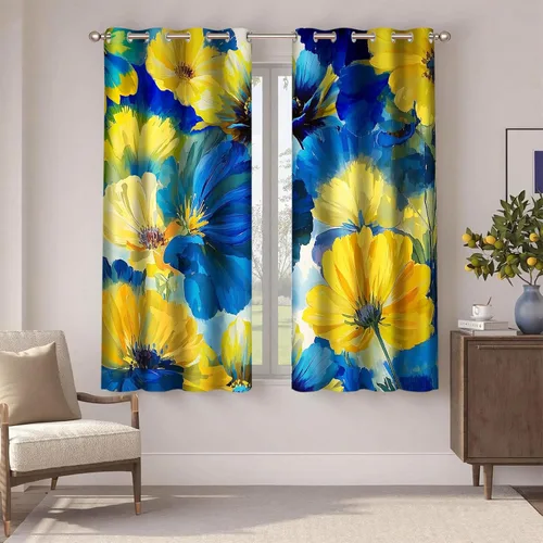 Cortinas opacas de flores amarillas y azules, con pintura floral de acuarela, 42 x 63 pulgadas, arte moderno, color degradado, cortinas aislantes
