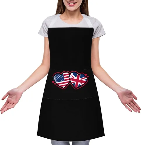 Miniatura 3 de Delantales de corazón con bandera estadounidense y británica para hombres/mujeres, delantales impermeables para adultos, delantales para el hogar