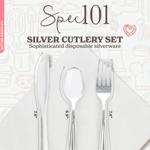 Miniatura 2 de Spec101 Juego de cubiertos de plástico plateado para fiestas, juego de 300 cubiertos desechables preenrollados envueltos individualmente