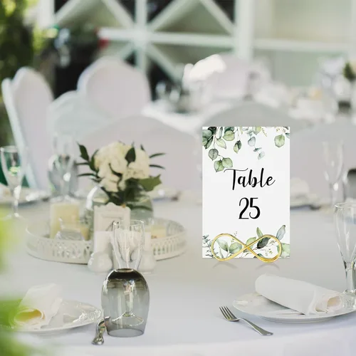 Miniatura 7 de Marspark 26 números de mesa de boda con 26 soportes de mesa dorados, eucalipto verde, tarjetas de número de recepción de boda con cabeza, etiqueta