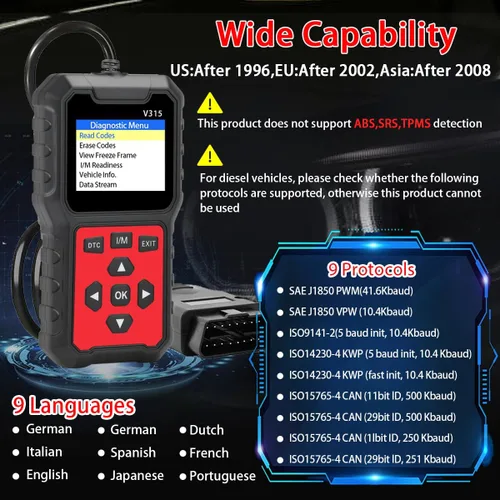 Miniatura 4 de V315 OBD2 Herramienta de diagnóstico, lector de código, herramienta de diagnóstico de luz de motor, probador de voltaje de batería, para coches