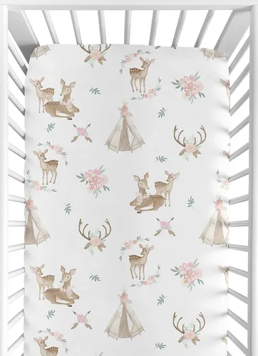 Sweet Jojo Designs Sábanas ajustables para cuna (flores de ciervos del bosque) para niñas, guardería infantil, habitación de niños pequeños, tamaño