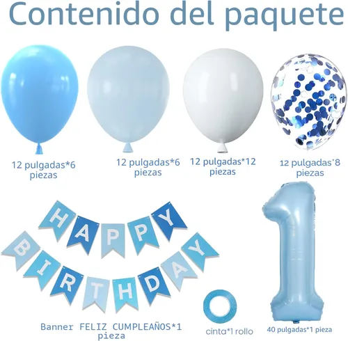 Miniatura 3 de Globos azul bebé y blancos y globo número 1 de 40 pulgadas, decoraciones de primer cumpleaños para niño con globos de confeti azul y blanco