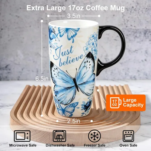Miniatura 8 de Taza de viaje de cerámica Topadorn con tapa y caja a juego, vaso de café de 17 onzas apto para microondas y lavavajillas, mariposa Solo creer