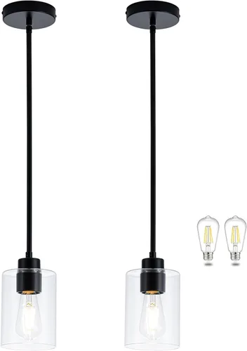 Miniatura 15 de MAYNA Lámpara colgante de granja de 1 luz, lámparas de jaula de metal negro con cadena ajustable y pantalla de vidrio, luces colgantes para isla
