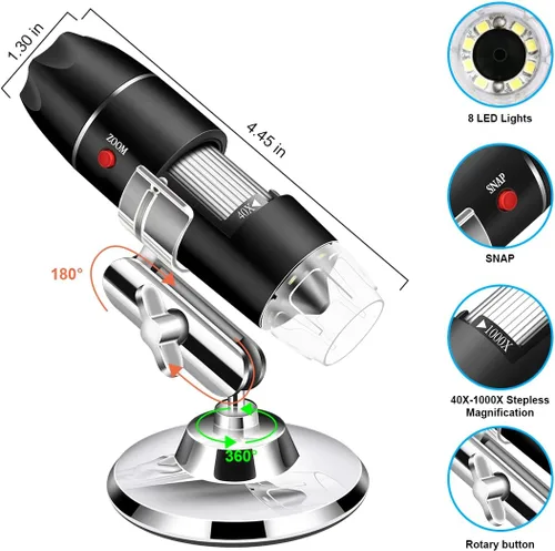 Miniatura 8 de Microscopio USB con cámara y soporte y estuche de transporte, microscopio digital Cainda compatible con Android, Windows, Linux, Mac, lupa portátil