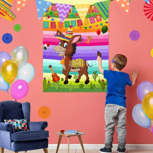 Miniatura 4 de NEBURORA Pin The Tail on The Donkey Juego de burro mexicano con 24 colas para fiesta del Cinco de Mayo, fiesta mexicana, fiesta temática de taco