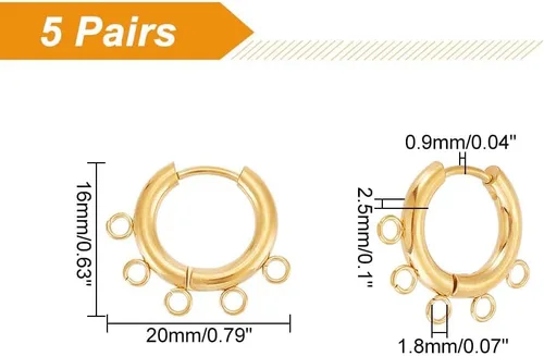 Miniatura 3 de UNICRAFTALE 5 pares de aretes de aro de acero inoxidable 304 dorados de calibre 10 con 5 bucles horizontales, accesorios de aretes de borla