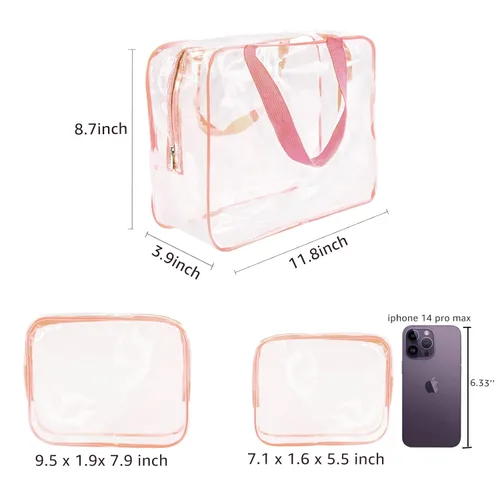 Miniatura 5 de Kit de 3 piezas de bolsas de artículos de aseo de viaje de PVC cristalino para mujeres y hombres, organizador de embalaje de vinilo impermeable