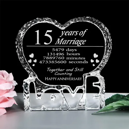 KWOOD Cristal grabado personalizado en forma de corazón, regalo de boda de 15 aniversario para parejas, esposa, novia, marido, novio (15 aniversario)