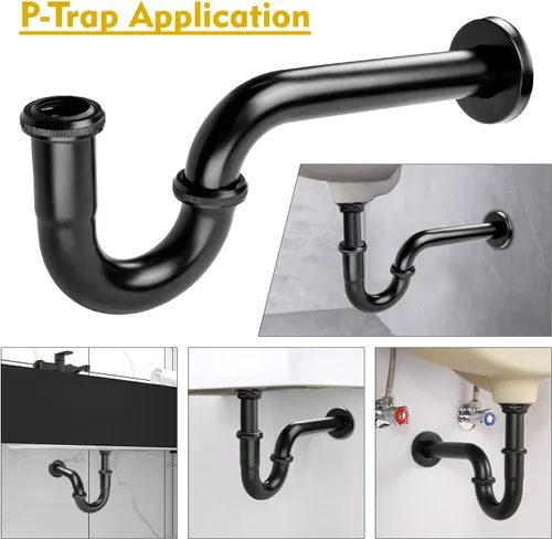 Miniatura 7 de Trampa P de acero inoxidable – Trampa para lavabo de baño de 1 1/4 pulgadas con arandela reductora, negro mate