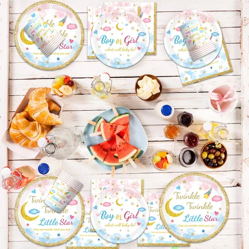 Miniatura 6 de Juego de 96 piezas de vajilla Twinkle Twinkle Little Star para revelación de género, platos de baby shower, servilletas, tenedores, vajilla