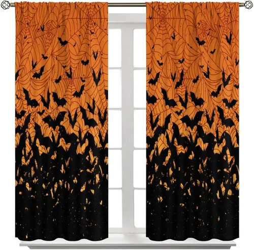 Miniatura 2 de Cortinas de Halloween naranja y negro de telaraña para sala de estar y dormitorio, decoración de panel de cortina de puerta para decoración