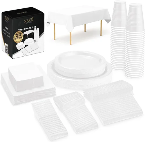 Miniatura 11 de Juego de suministros negros para fiestas, platos de papel, vasos de plástico, tenedores, cuchillos, cucharas, servilletas, mantel para 20 invitados
