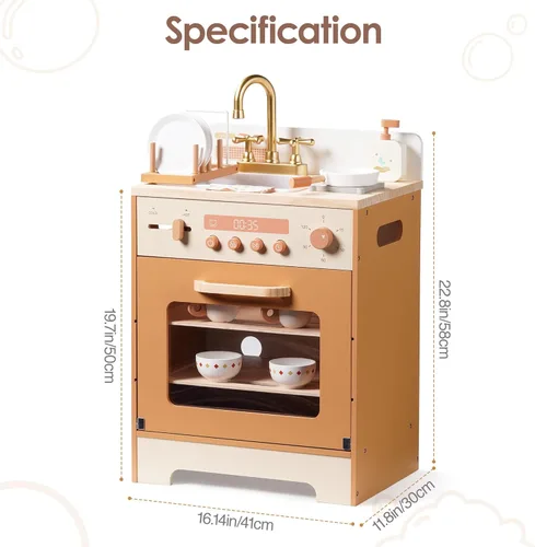 Miniatura 6 de ROBOTIME Fregadero Lavavajillas de Juguete de Madera – Juguete de Cocina de Imitación Color Caramelo con Grifo Dorado, Perillas Giratorias, Estante