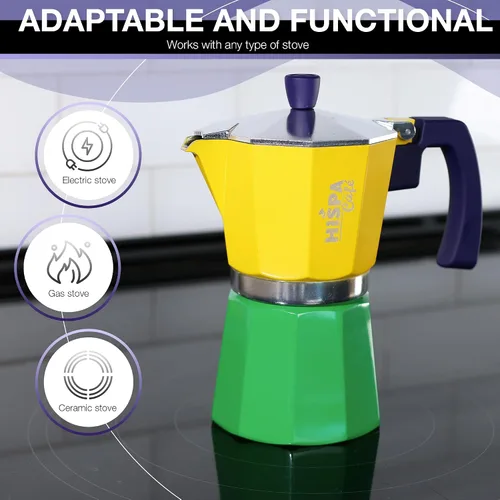 Miniatura 3 de Cafetera de café expreso para estufa, 3 tazas de café expreso (6 onzas), aluminio, plata, verde, azul y amarillo, con temática brasileña, cafetería