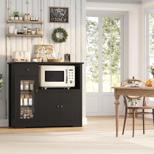 Miniatura 4 de HORSTORS Armario para microondas, armario de almacenamiento de cocina con 3 puertas y 1 cajón, aparador de buffet con estantes ajustables, soporte