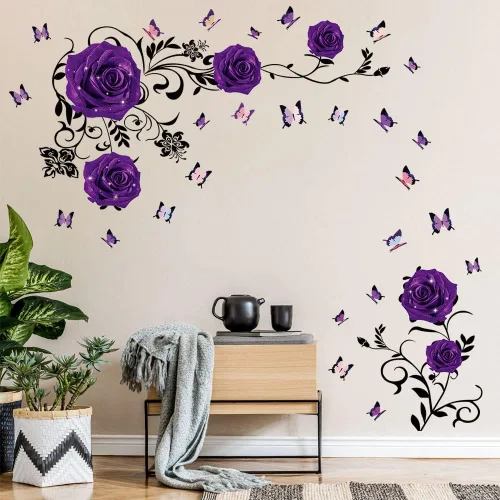 Miniatura 6 de Supzone Pegatinas de pared de rosas moradas, diseño de flores y vides, decoración de pared floral de peonía morada, arte mural de vinilo para Morado
