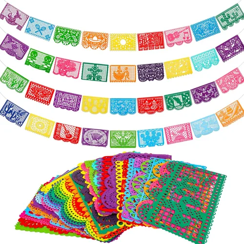 Qpout Cartel de fieltro para fiesta mexicana, 4 piezas, 11.8 x 7.9 pulgadas, Cinco de Mayo, Día de los Muertos, Papel Picado, 4 diseños diferentes