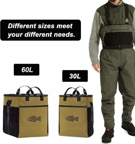 Miniatura 5 de Riverruns Bolsa para Vadeadores de Pesca y Caza con Malla Ventilada, Bolsa de Almacenamiento para Botas de Vadeadores para Senderismo, Camping Caqui