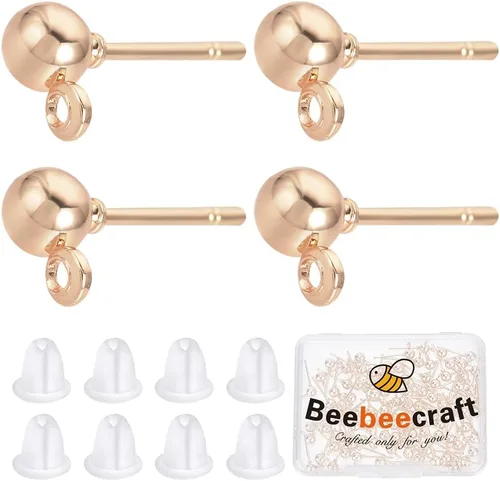 Miniatura 12 de Beebeecraft 100 PIEZAS de Pendientes de Poste de Bola Chapados en Oro de 24K con Lazo, Accesorios para Pendientes con Poste de Bola para Hacer Dorado
