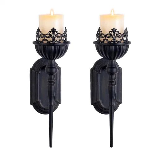 Miniatura 8 de Portavelas de Pared Gótico para Velas Cónicas (Juego de 2) Diseño de Corona y Cetro de Hierro Negro Decoración de Pared Victoriana para Sala