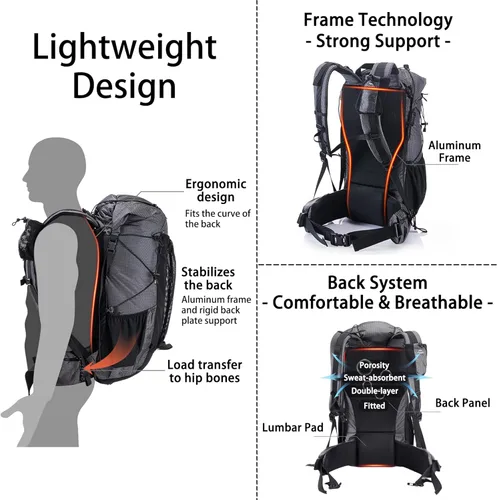 Miniatura 5 de Naturehike Rock-40L/60L+5L mochila de senderismo con marco interno, mochila de camping impermeable, mochila ultraligera para el aire libre