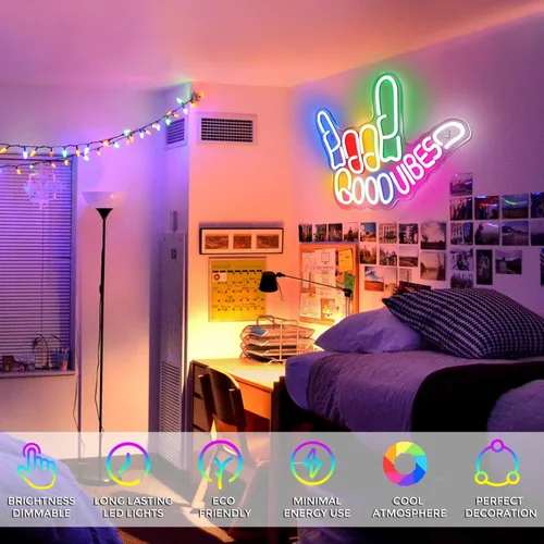 Miniatura 7 de Good Vibes - Letrero de neón regulable con interruptor de encendido/apagado, letreros de neón alimentados por USB para decoración de pared, letreros