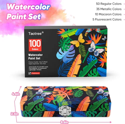 Miniatura 7 de Taotree Juego de pintura de acuarela de 100 colores, suministros de arte, kit de acuarelas de viaje con 3 pinceles de pintura, suministros