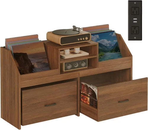 Soporte grande para tocadiscos con estación de carga y 2 cajones deslizantes, armario de almacenamiento de discos con almacenamiento de vinilo con