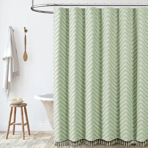 Miniatura 7 de Dynamene - Cortina de ducha de tela bohemia con rayas con chebrón en relieve, juego de cortina angosta para baño, media cortina impermeable