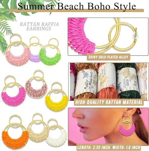 Miniatura 6 de Ronglry Aretes bohemios de ratán de rafia para mujeres y niñas, ligeros, hechos a mano, de mimbre trenzado, grandes, divertidos, modernos, regalos
