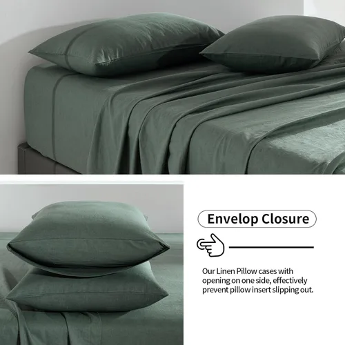 Miniatura 4 de TUMEI - Juego de ropa de cama de lino de 4 piezas, tamaño king, verde, suave, transpirable y duradero, con sábana ajustable de bolsillo profundo