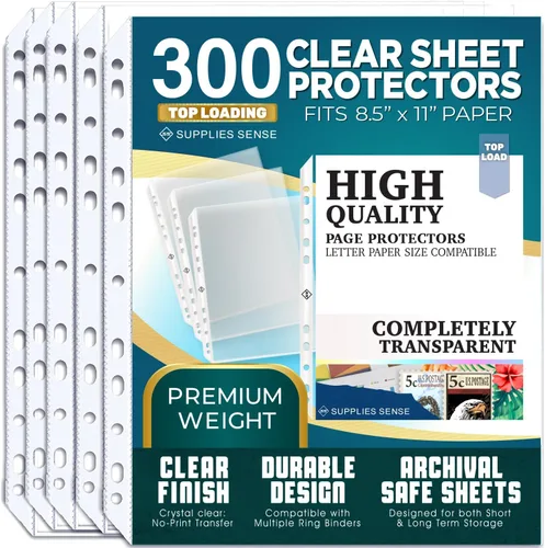 Protectores de hojas para carpeta de 3 anillas, paquete de 300 protectores de páginas transparentes premium de 8.5 x 11 pulgadas, fundas de plástico