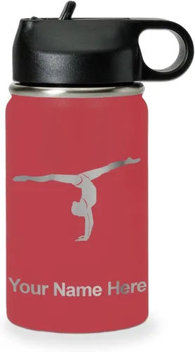 Miniatura 27 de LaserGram Botella de agua personalizada, gimnasta niña, acero inoxidable de doble pared aislada al vacío con popote superior, regalo grabado Azul
