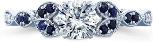 Miniatura 2 de Kobelli Anillo de compromiso frondoso de moissanita redonda con detalles de zafiro azul 5/8 CTW Oro blanco de 14 k (GH/VS, GH/I)
