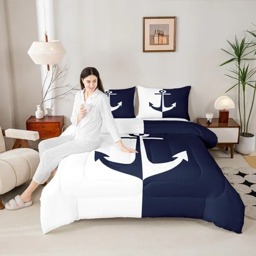 Miniatura 14 de Castle Fairy Juego de edredón de verano para niños, tamaño individual, diseño náutico reversible con diseño náutico de estrellas de mar, barco y Azul