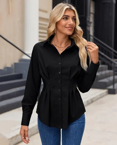 Miniatura 2 de siliteelon Camisas con botones para mujer, cintura ceñida, camisa de vestir de algodón de manga larga para negocios, casual, trabajo, oficina
