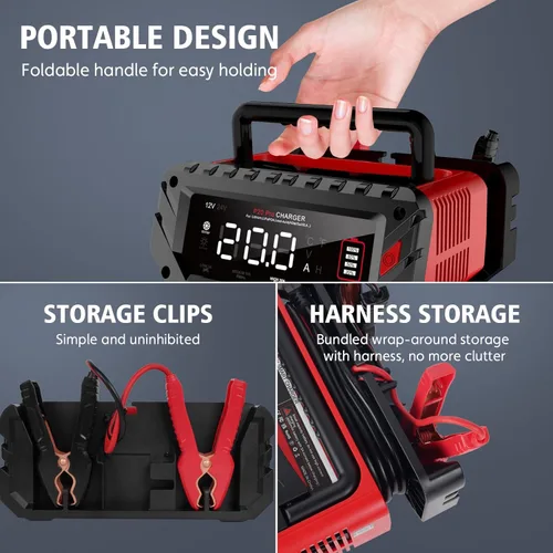 Miniatura 5 de Cargador de batería de coche de 20 amperios, cargador automotriz inteligente de 12 V/24 V, mantenedor de batería, cargador de goteo para automóvil