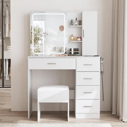 Miniatura 4 de Fameill Escritorio blanco con espejo y luces, juego de mesa de tocador de maquillaje con tira de alimentación y armario deslizante, tocador