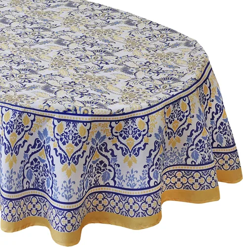 Miniatura 2 de Home Bargains Plus - Mantel redondo de tela, 70 pulgadas, diseño de borde floral con amapolas en amarillo y azul, resistente a manchas y agua