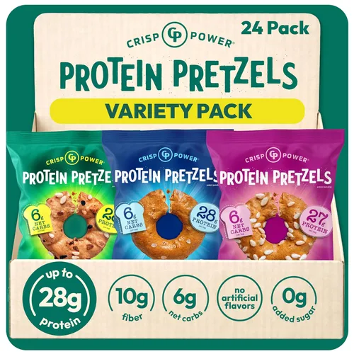 Miniatura 16 de CRISP POWER Pretzels de proteína, paquete variado con sal marina, sésamo y todo, hasta 0.99 oz de proteína, aperitivo alto en proteínas, aperitivos