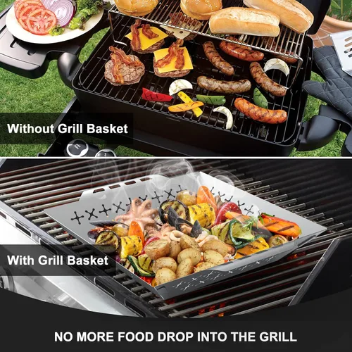 Miniatura 4 de Skyflame Cestas de parrilla de acero inoxidable para parrilla al aire libre, carne gruesa, filete, camarón, picar, verduras con asa, accesorios